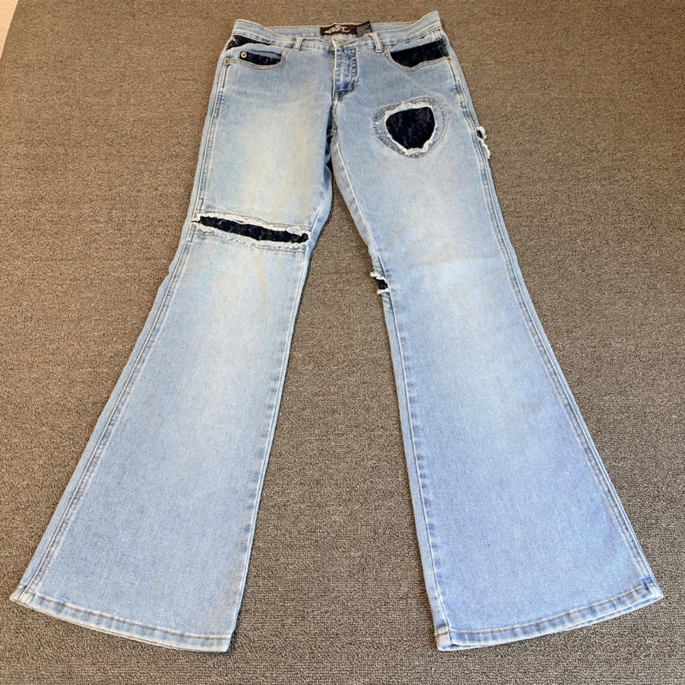 VTG Y2K Lazer Jeans Lace Patchwork Flare Distressed Denim Size 3 Streetwear